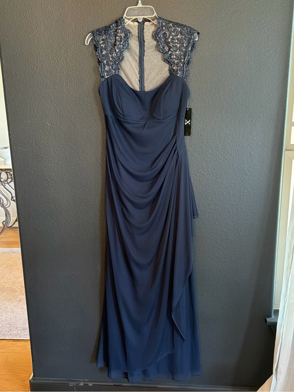 Xscape Navy Lace-Trim Maxi Evening Gown